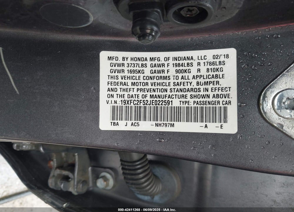 2018 HONDA CIVIC LX VIN: 19XFC2F52JE022591