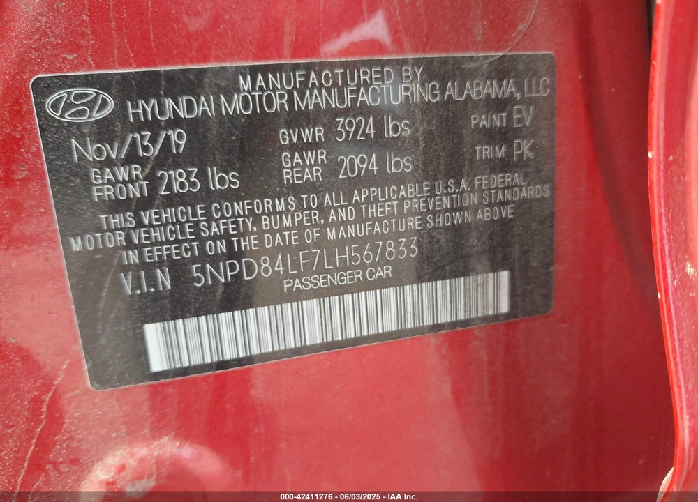 2020 HYUNDAI ELANTRA VIN: 5NPD84LF7LH567833