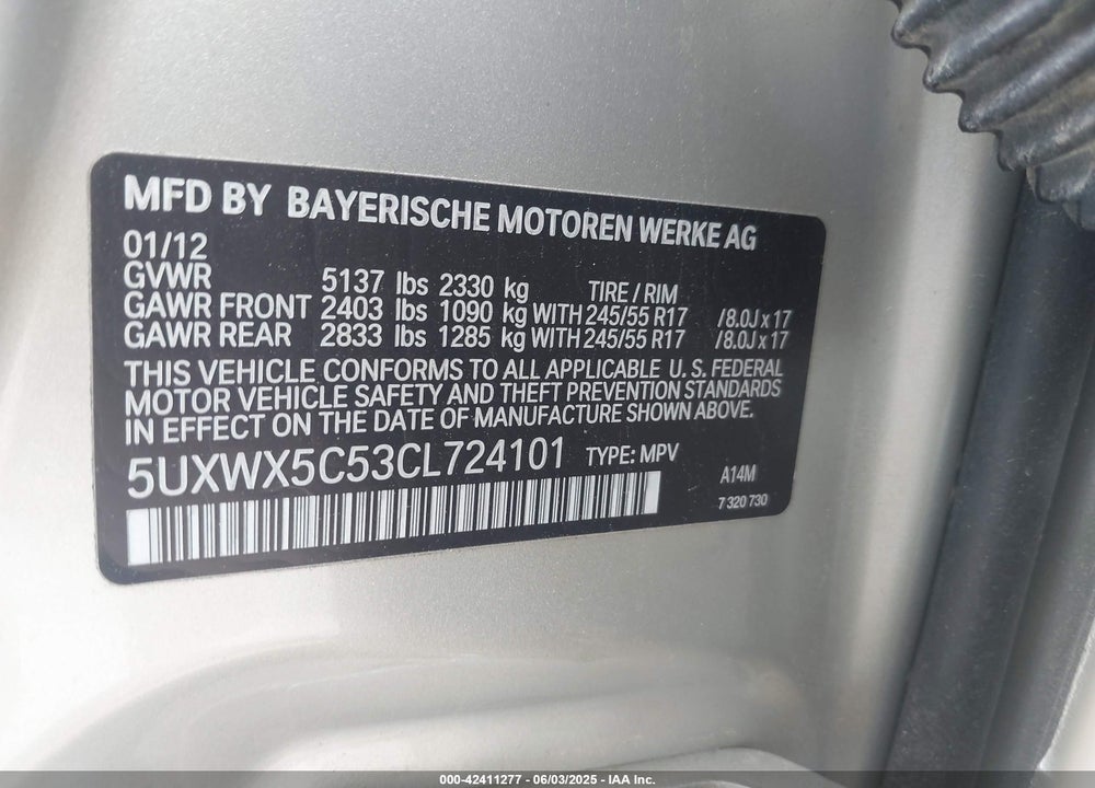 2012 BMW X3 VIN: 5UXWX5C53CL724101