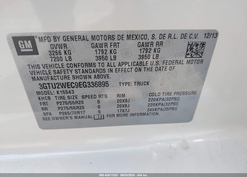 2014 GMC SIERRA 1500 VIN: 3GTU2WEC9EG336895