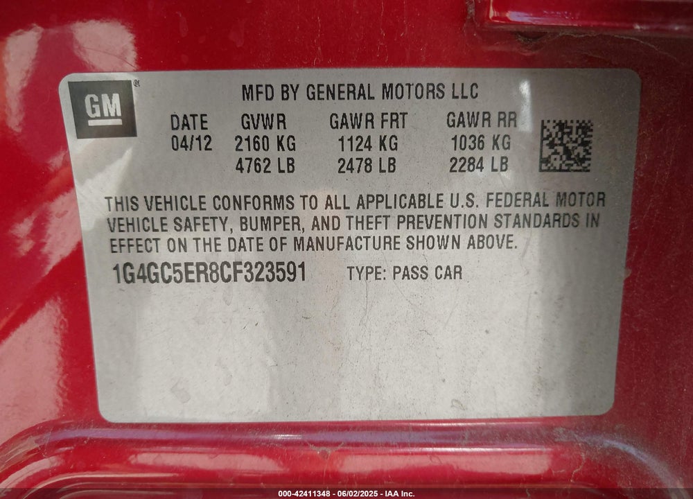 2012 BUICK LACROSSE VIN: 1G4GC5ER8CF323591