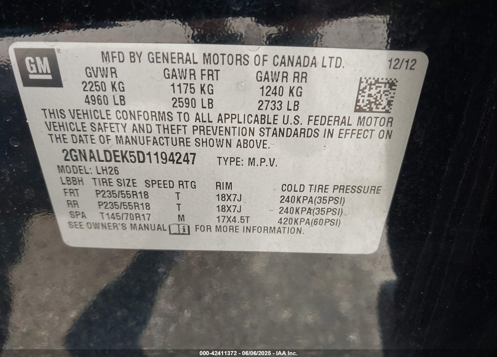 2013 CHEVROLET EQUINOX VIN: 2GNALDEK5D1194247