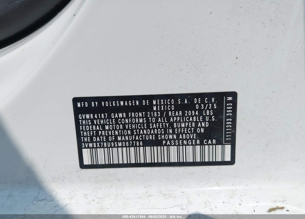 2025 VOLKSWAGEN JETTA VIN: 3VWBX7BU9SM067786