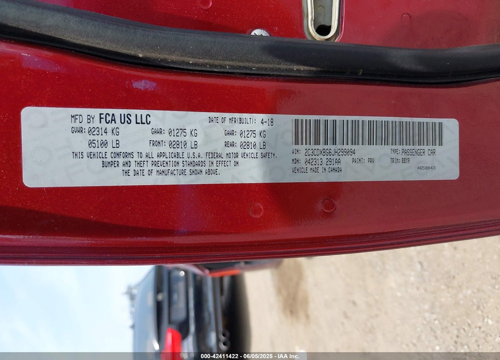 2018 DODGE CHARGER VIN: 2C3CDXBG6JH299094