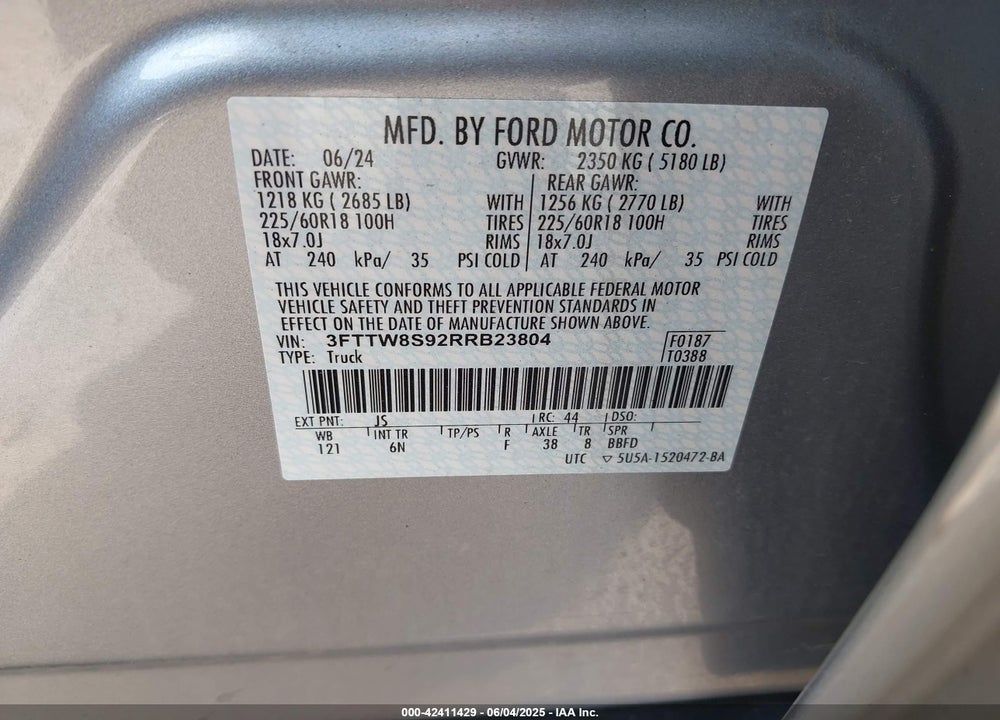 2024 FORD MAVERICK VIN: 3FTTW8S92RRB23804