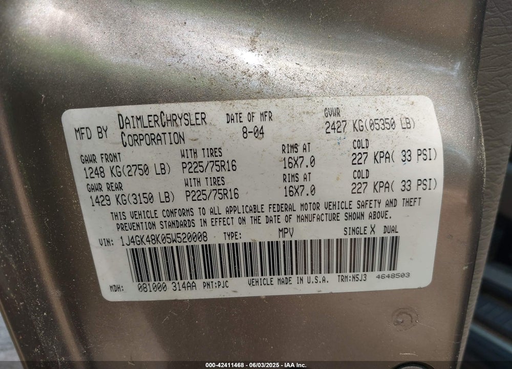 2005 JEEP LIBERTY SPORT VIN: 1J4GK48K05W520008