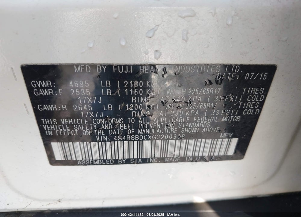 2016 SUBARU OUTBACK 2.5I PREMIUM VIN: 4S4BSBDCXG3200908