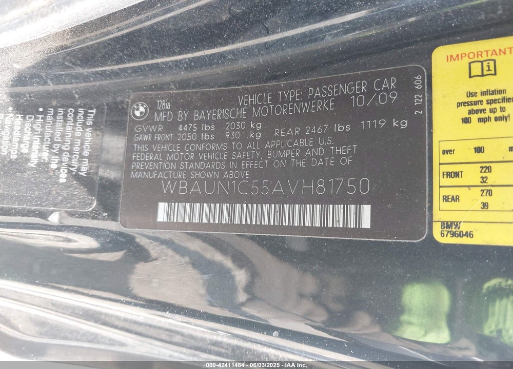 2010 BMW 128I VIN: WBAUN1C55AVH81750