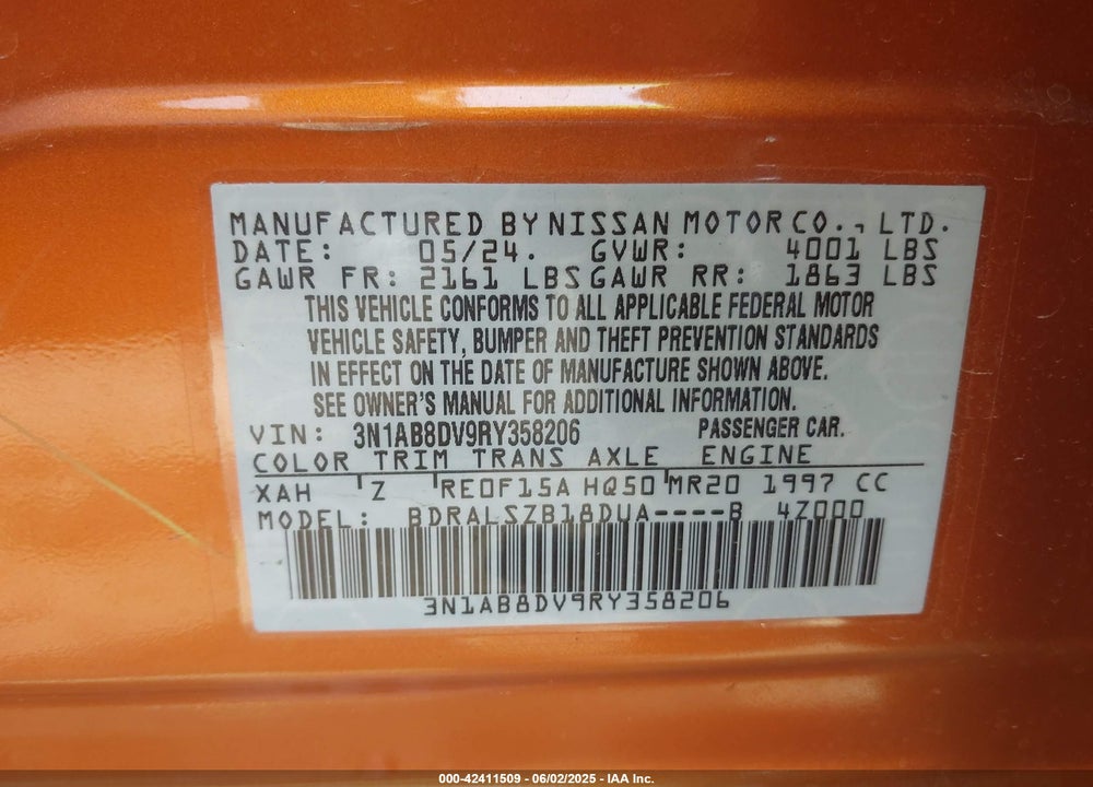 2024 NISSAN SENTRA SR XTRONIC CVT VIN: 3N1AB8DV9RY358206