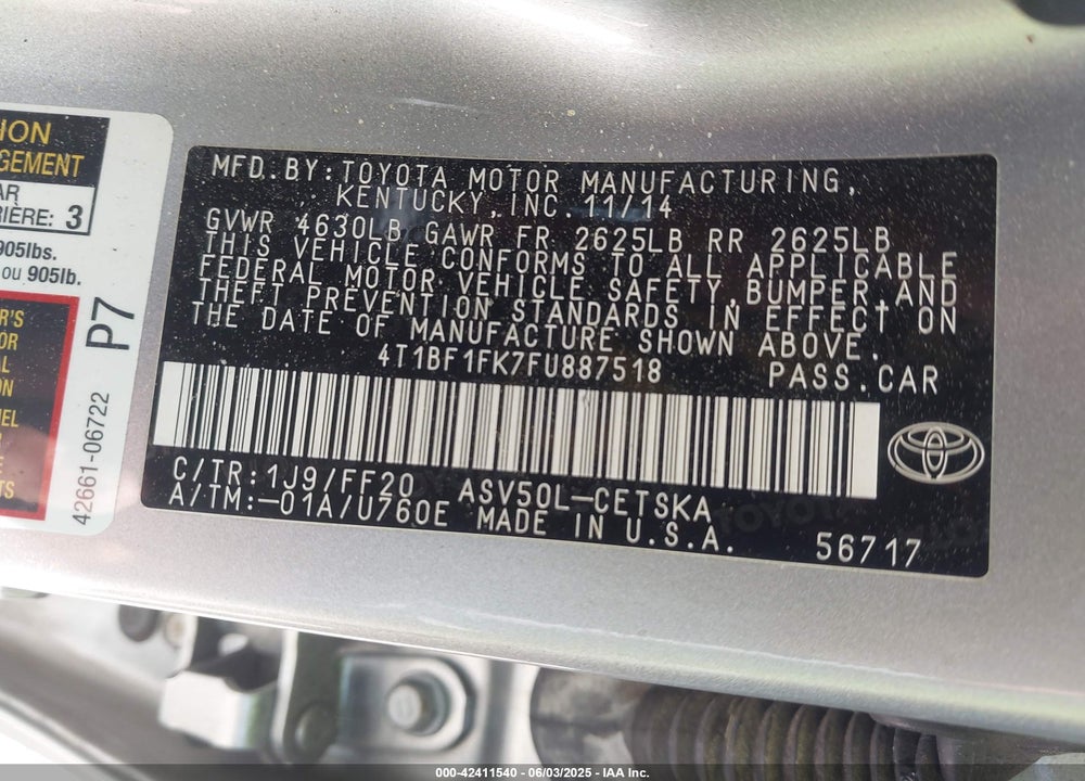 2015 TOYOTA CAMRY VIN: 4T1BF1FK7FU887518