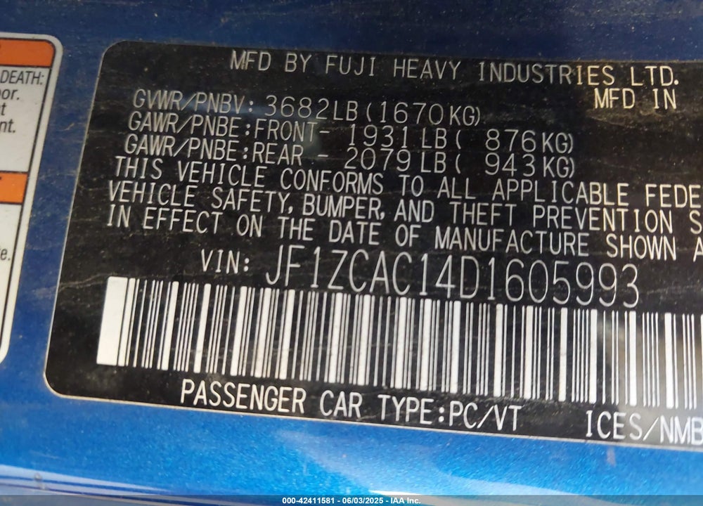 2013 SUBARU BRZ LIMITED VIN: JF1ZCAC14D1605993