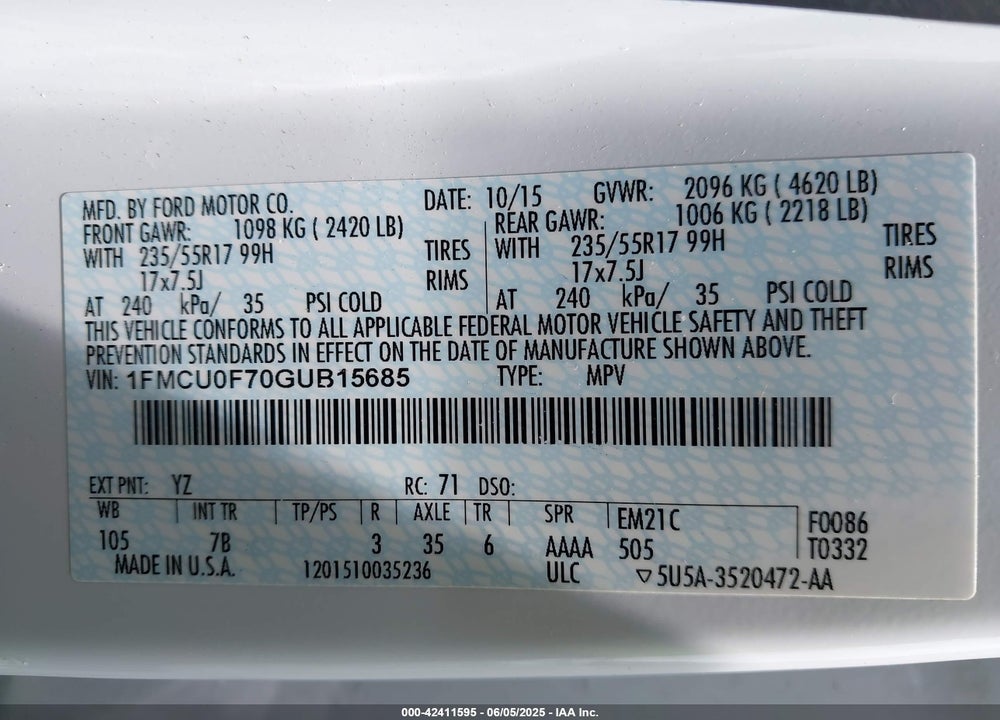 2016 FORD ESCAPE VIN: 1FMCU0F70GUB15685