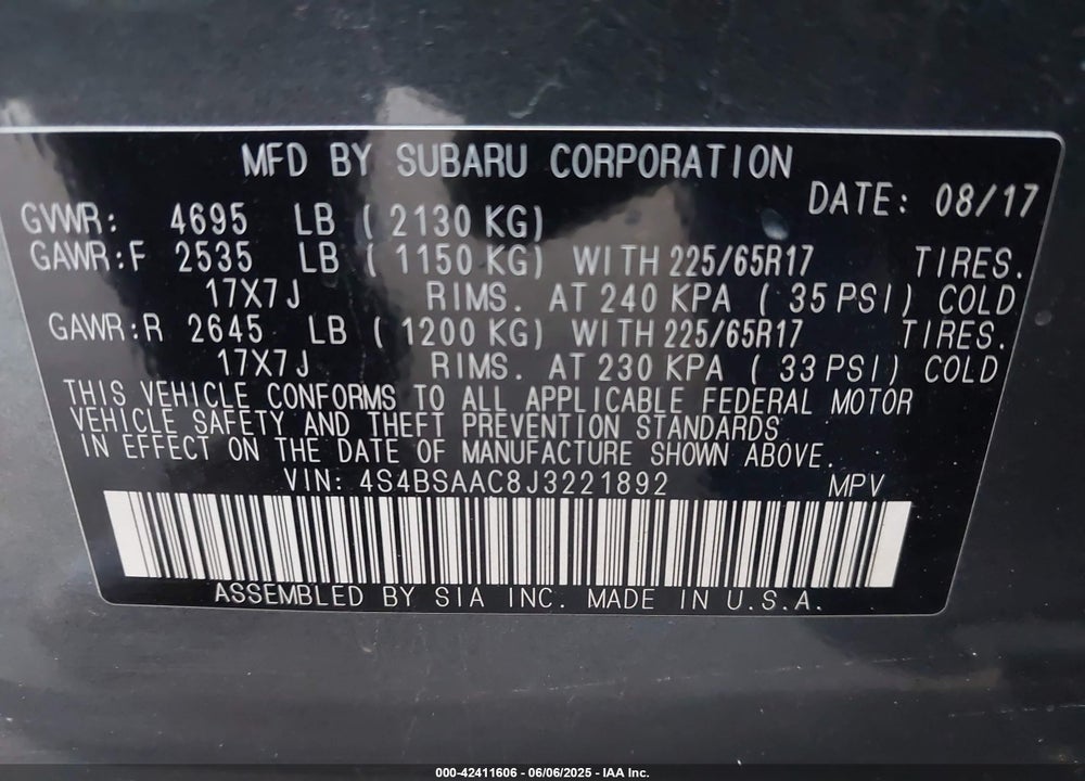 2018 SUBARU OUTBACK VIN: 4S4BSAAC8J3221892