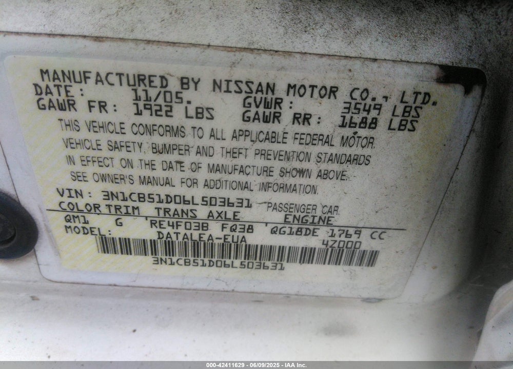 2006 NISSAN SENTRA VIN: 3N1CB51D06L503631