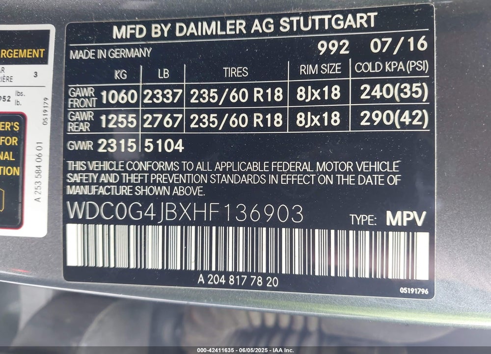2017 MERCEDES-BENZ GLC 300 VIN: WDC0G4JBXHF136903
