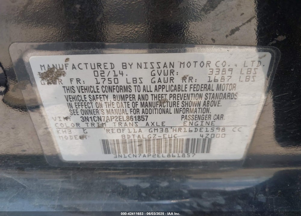 2014 NISSAN VERSA VIN: 3N1CN7AP2EL861857