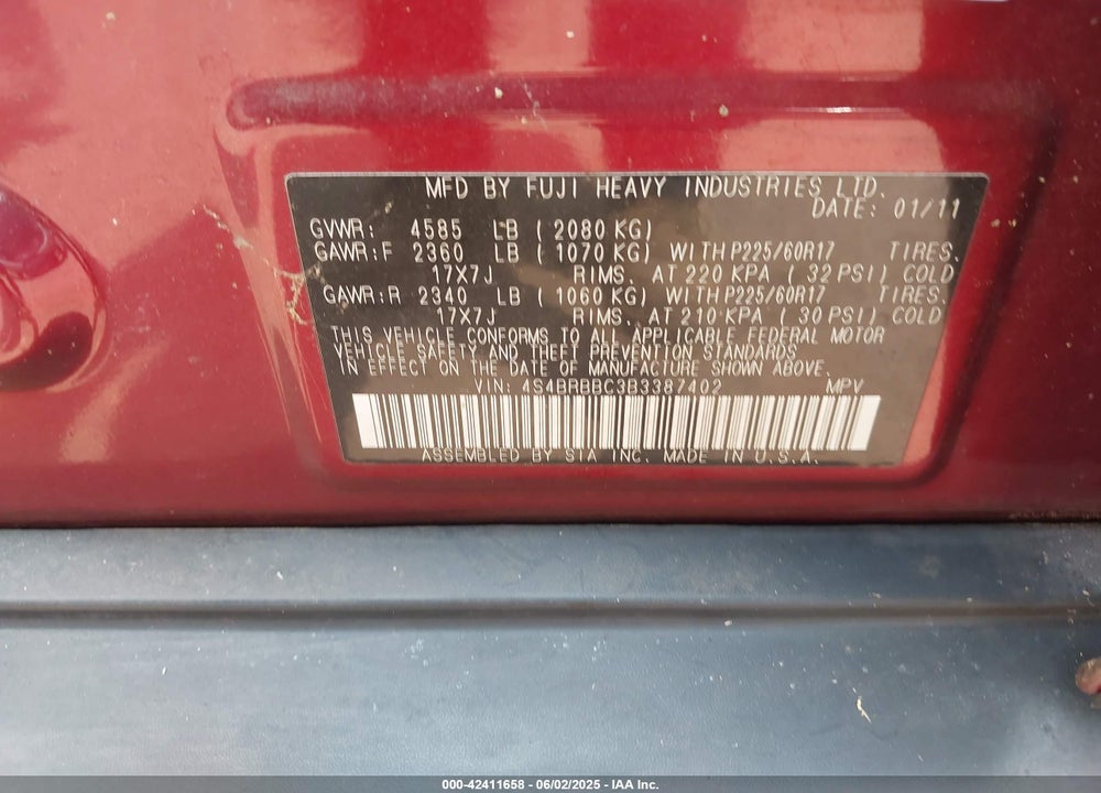 2011 SUBARU OUTBACK 2.5I PREMIUM VIN: 4S4BRBBC3B3387402