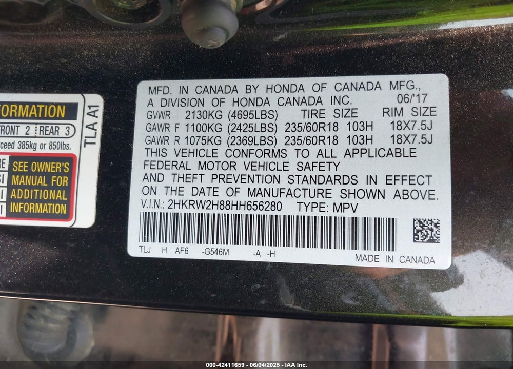 2017 HONDA CR-V VIN: 2HKRW2H88HH656280