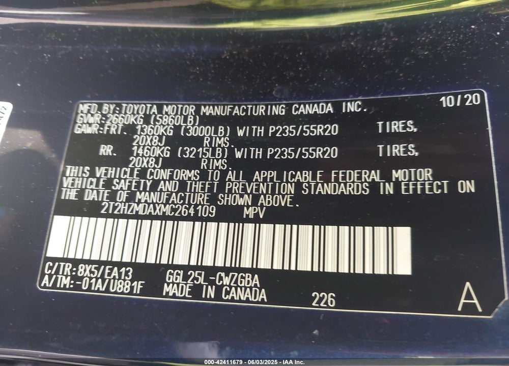 2021 LEXUS RX 350 VIN: 2T2HZMDAXMC264109