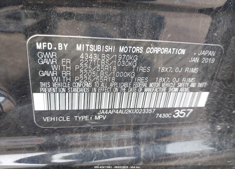 2019 MITSUBISHI OUTLANDER SPORT VIN: JA4AP4AU2KU023357