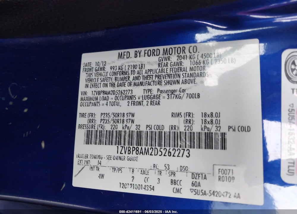 2013 FORD MUSTANG VIN: 1ZVBP8AM2D5262273