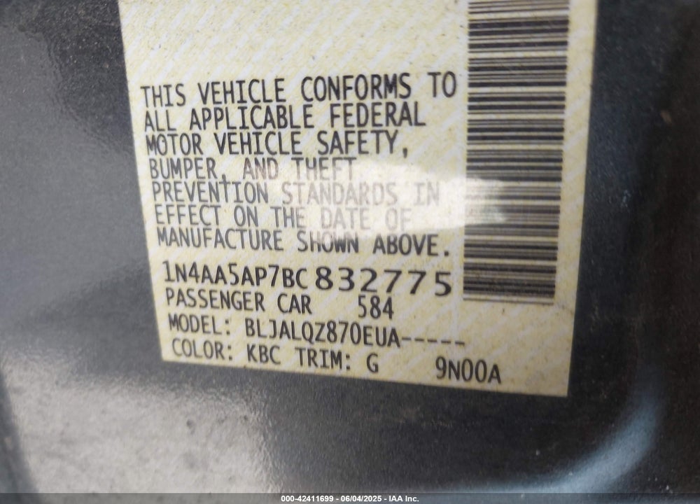 2011 NISSAN MAXIMA VIN: 1N4AA5AP7BC832775