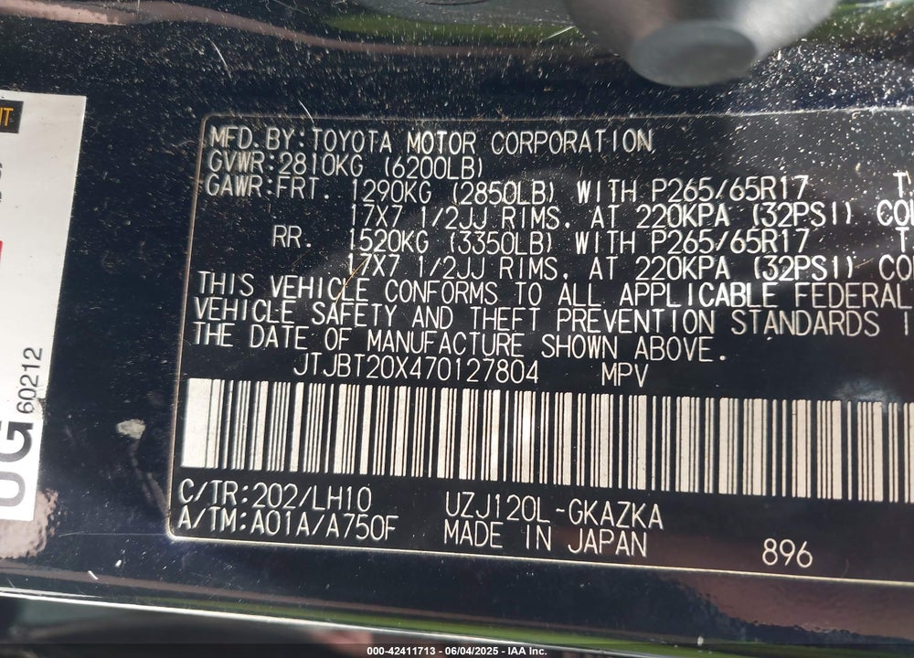 2007 LEXUS GX 470 VIN: JTJBT20X470127804