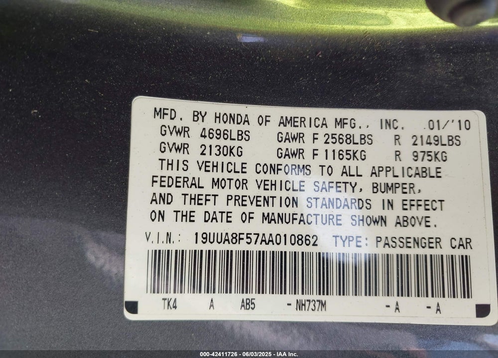 2010 ACURA TL 3.5 VIN: 19UUA8F57AA010862