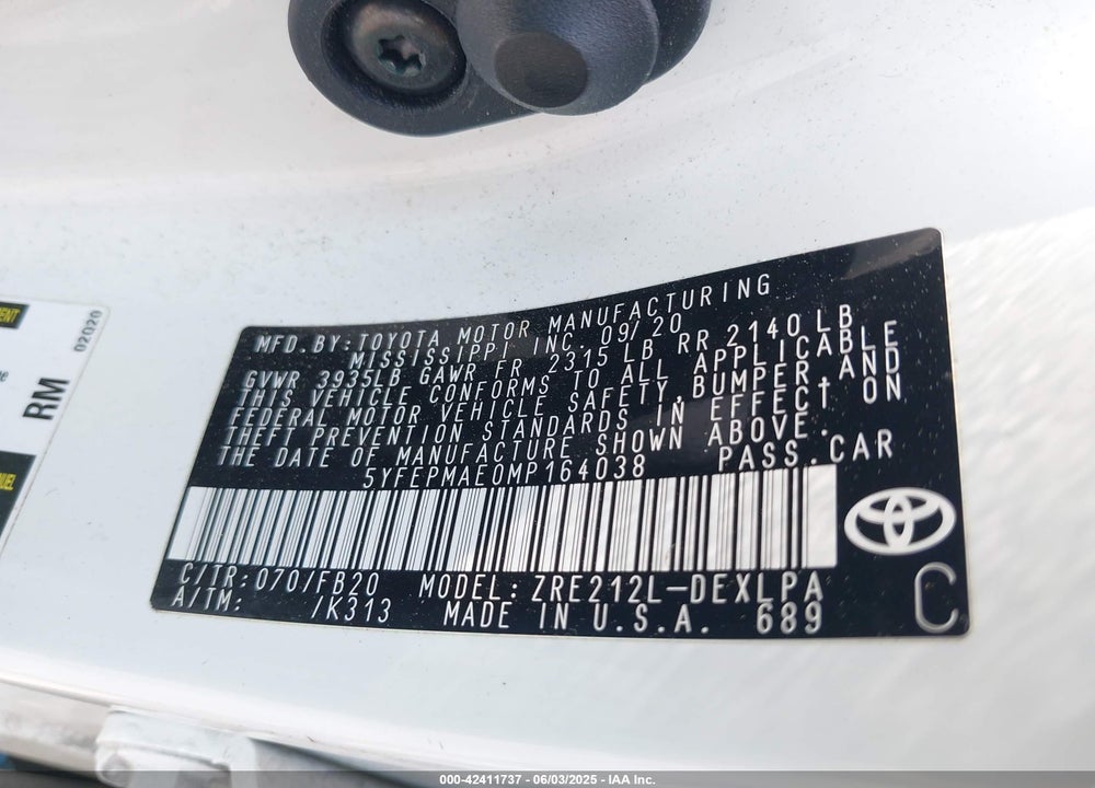 2021 TOYOTA COROLLA LE VIN: 5YFEPMAE0MP164038