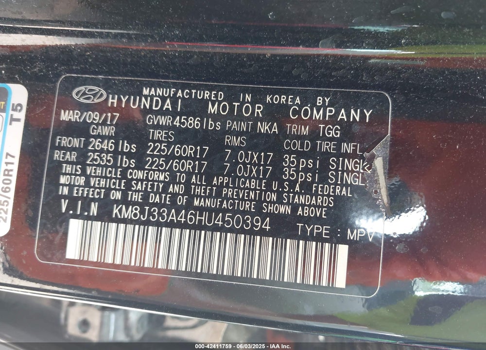 2017 HYUNDAI TUCSON VIN: KM8J33A46HU450394