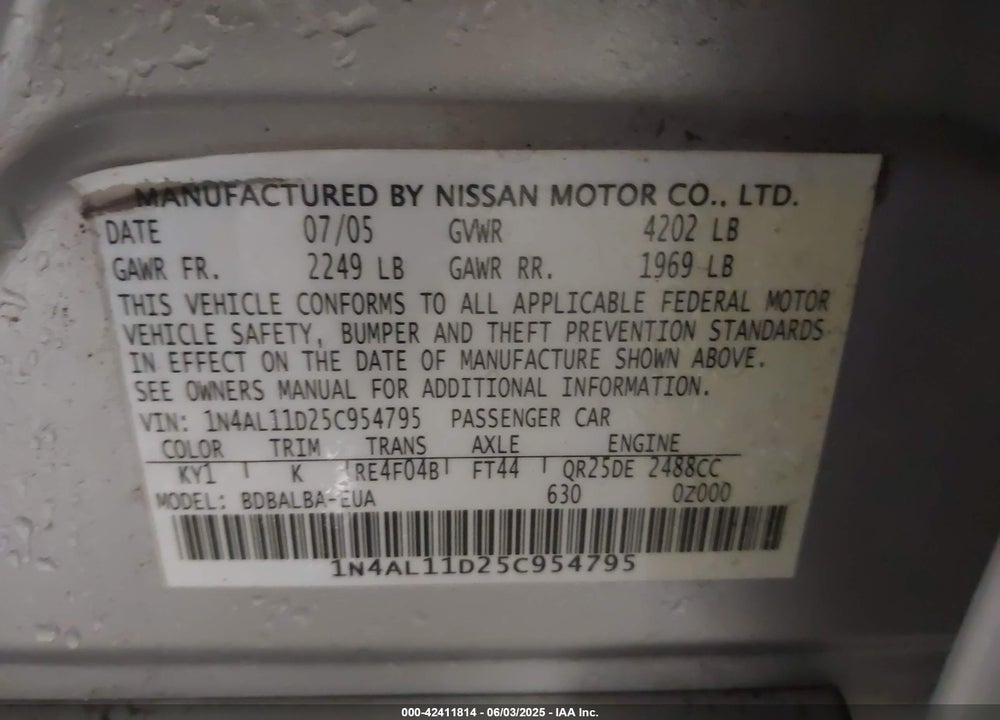 2005 NISSAN ALTIMA 2.5 S VIN: 1N4AL11D25C954795