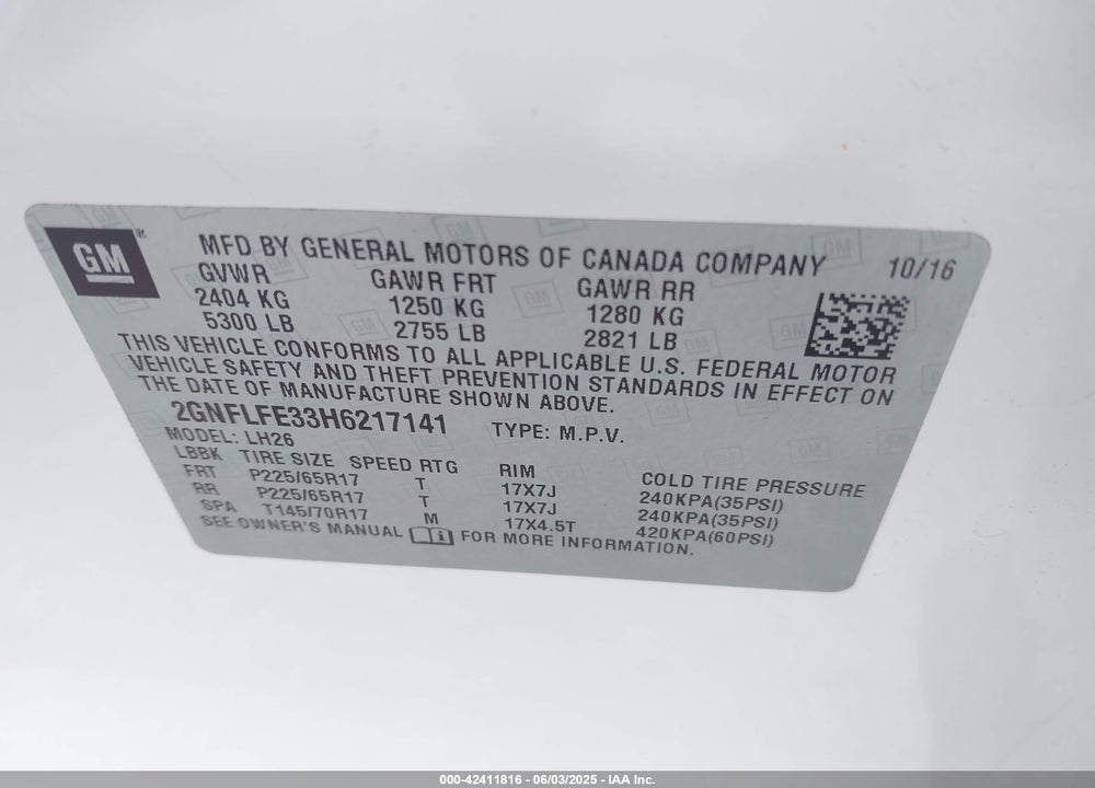 2017 CHEVROLET EQUINOX VIN: 2GNFLFE33H6217141