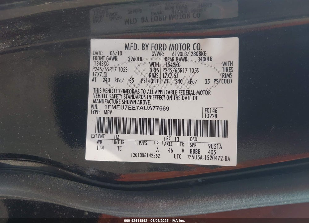 2010 FORD EXPLORER EDDIE BAUER VIN: 1FMEU7EE7AUA77669