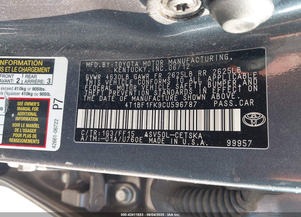 2012 TOYOTA CAMRY SE VIN: 4T1BF1FK9CU596787