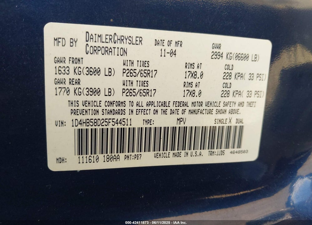 2005 DODGE DURANGO LIMITED VIN: 1D4HB58D25F544511