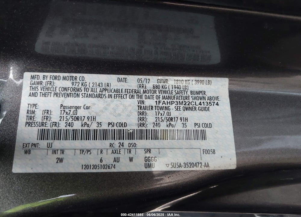 2012 FORD FOCUS SEL VIN: 1FAHP3M22CL413574