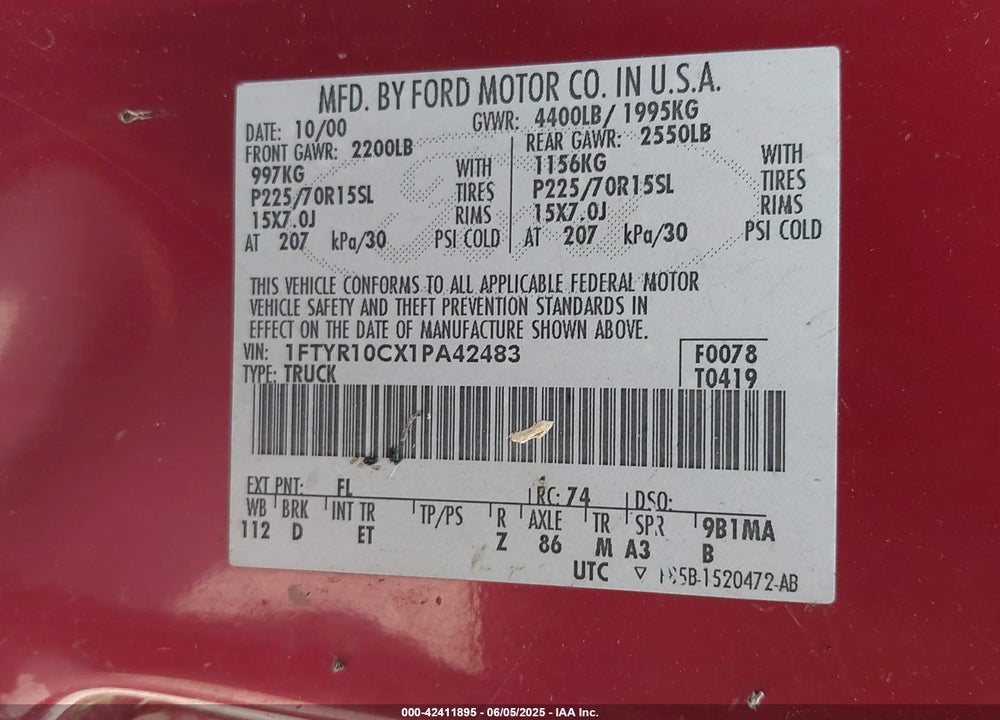 2001 FORD RANGER XL/XLT VIN: 1FTYR10CX1PA42483