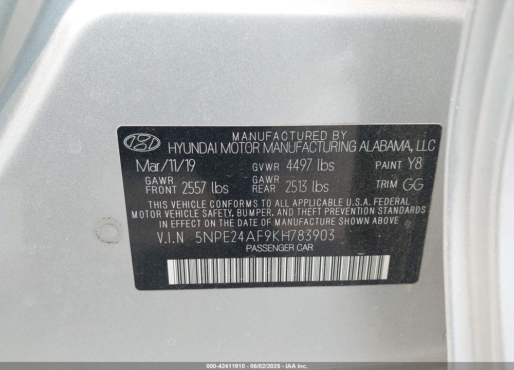 2019 HYUNDAI SONATA SE VIN: 5NPE24AF9KH783903