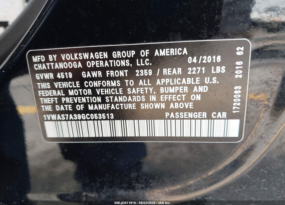 2016 VOLKSWAGEN PASSAT VIN: 1VWAS7A39GC053513