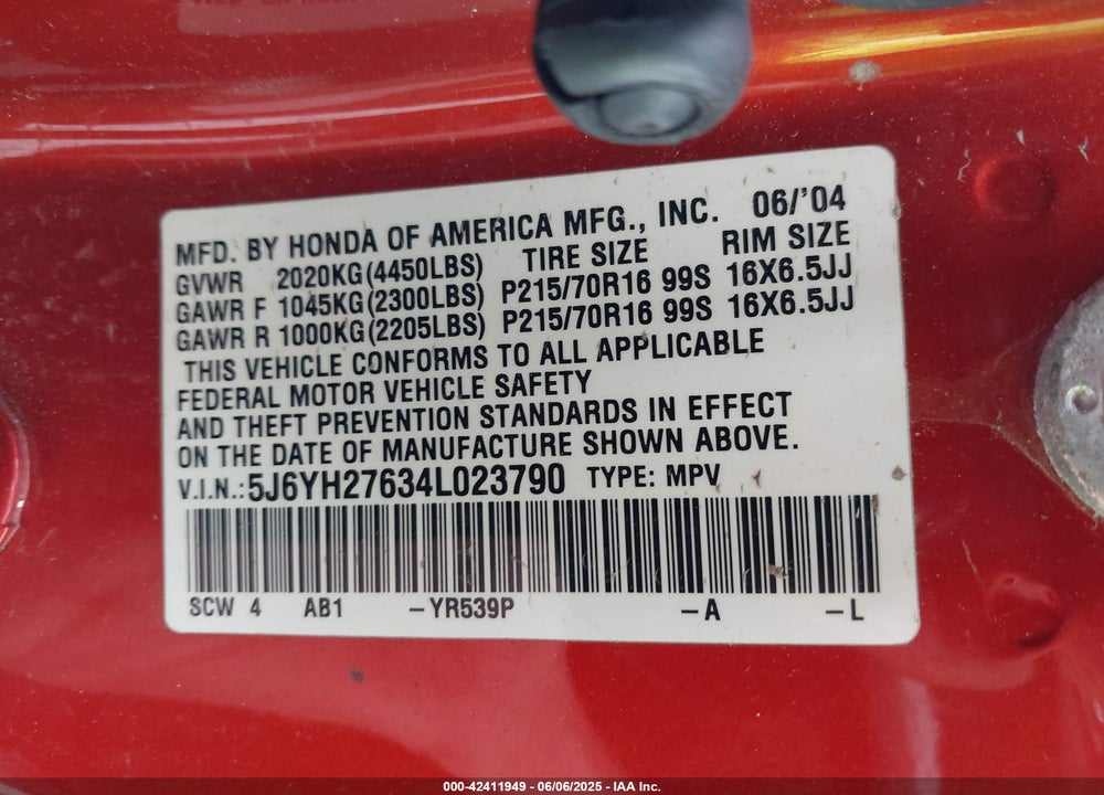2004 HONDA ELEMENT EX VIN: 5J6YH27634L023790