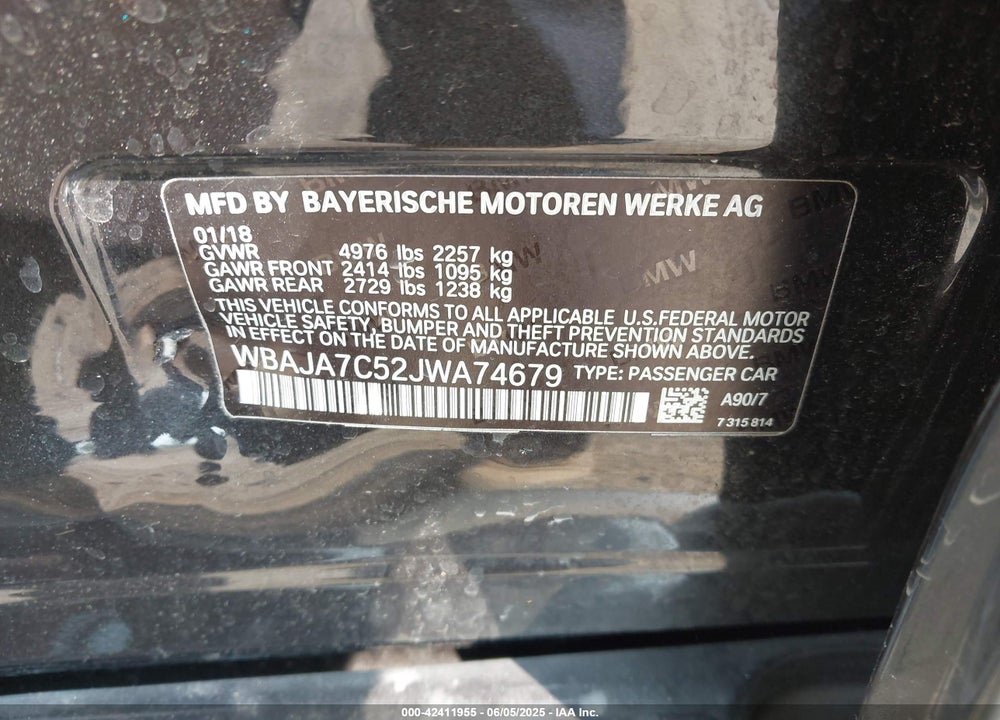 2018 BMW 530I XDRIVE VIN: WBAJA7C52JWA74679