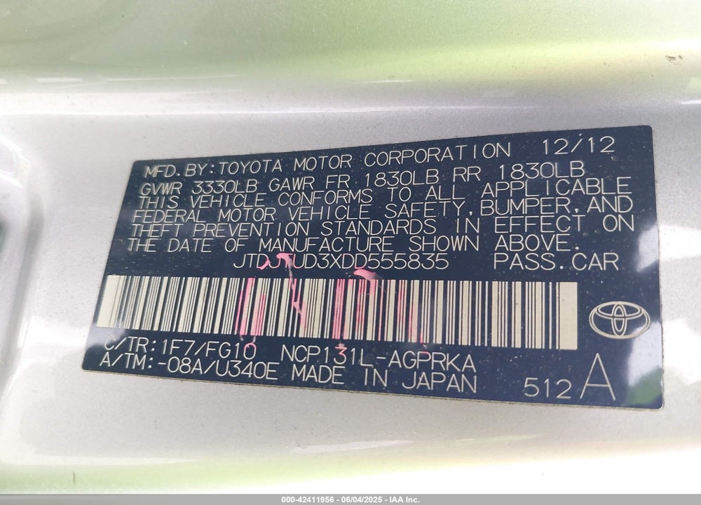 2013 TOYOTA YARIS VIN: JTDJTUD3XDD555835
