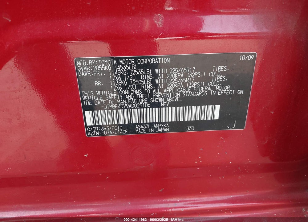 2010 TOYOTA RAV4 VIN: JTMBF4DV9AD025106