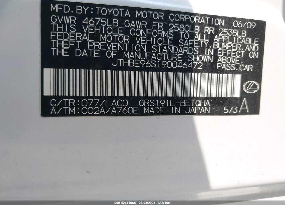 2009 LEXUS GS 350 VIN: JTHBE96S190046472
