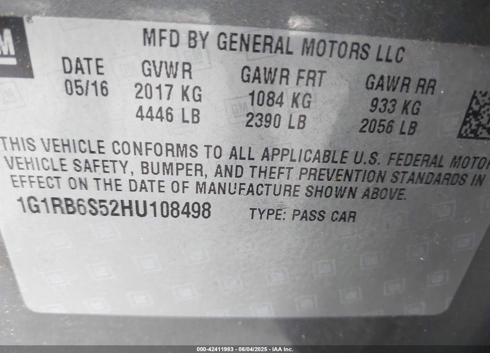 2017 CHEVROLET VOLT VIN: 1G1RB6S52HU108498