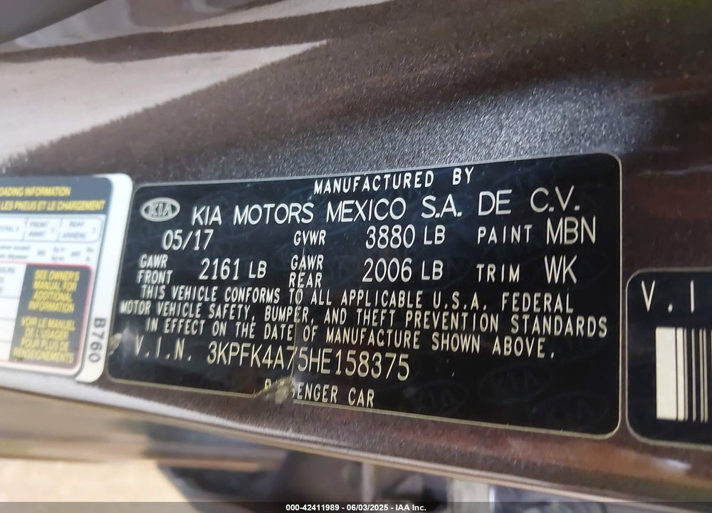 2017 KIA FORTE VIN: 3KPFK4A75HE158375