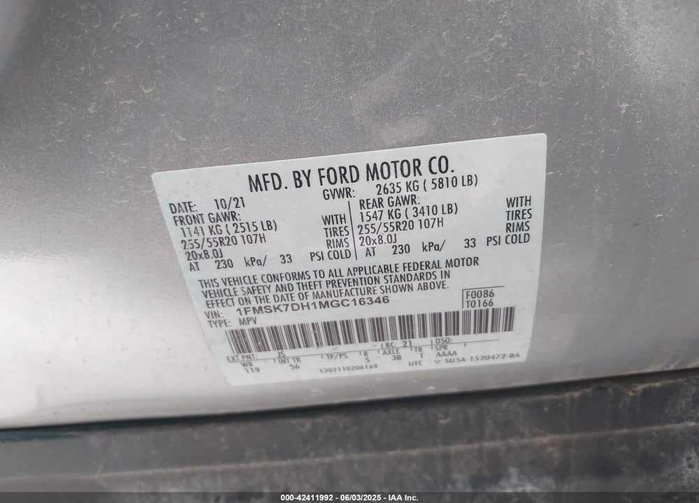2021 FORD EXPLORER VIN: 1FMSK7DH1MGC16346