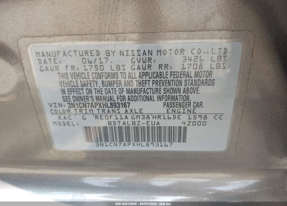 2017 NISSAN VERSA VIN: 3N1CN7APXHL893167