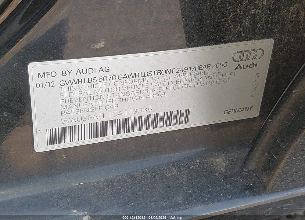 2012 AUDI A4 2.0T PREMIUM VIN: WAUSFAFL1CA113935