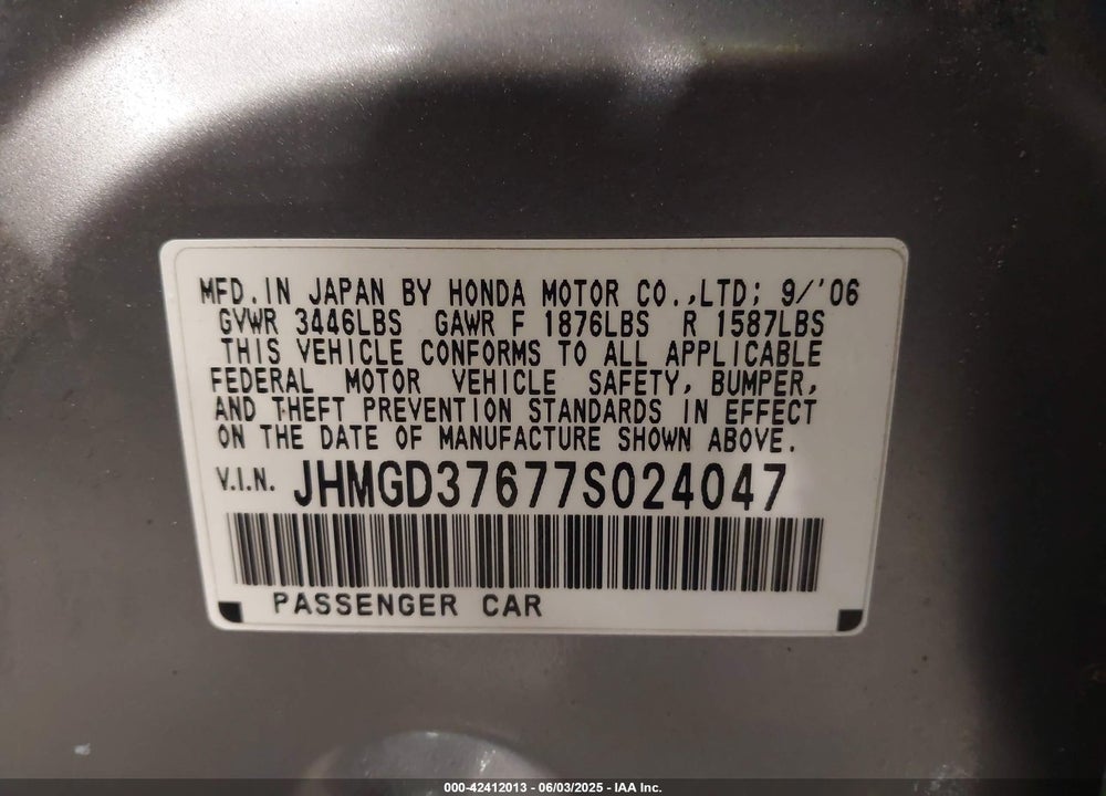 2007 HONDA FIT VIN: JHMGD37677S024047